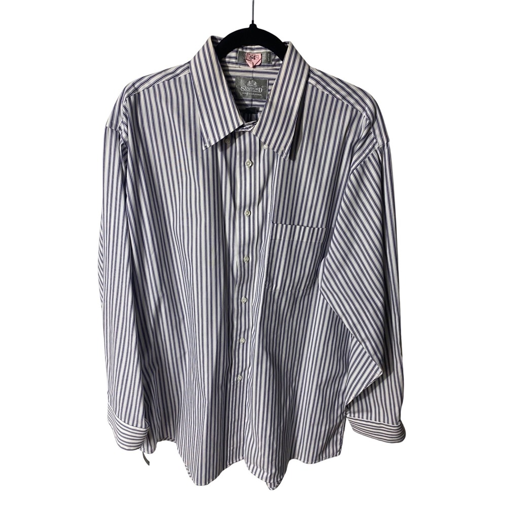 Stafford Executive Mens 17.5 35 Dress Shirt Blue White Striped Wrinkle Free L/S